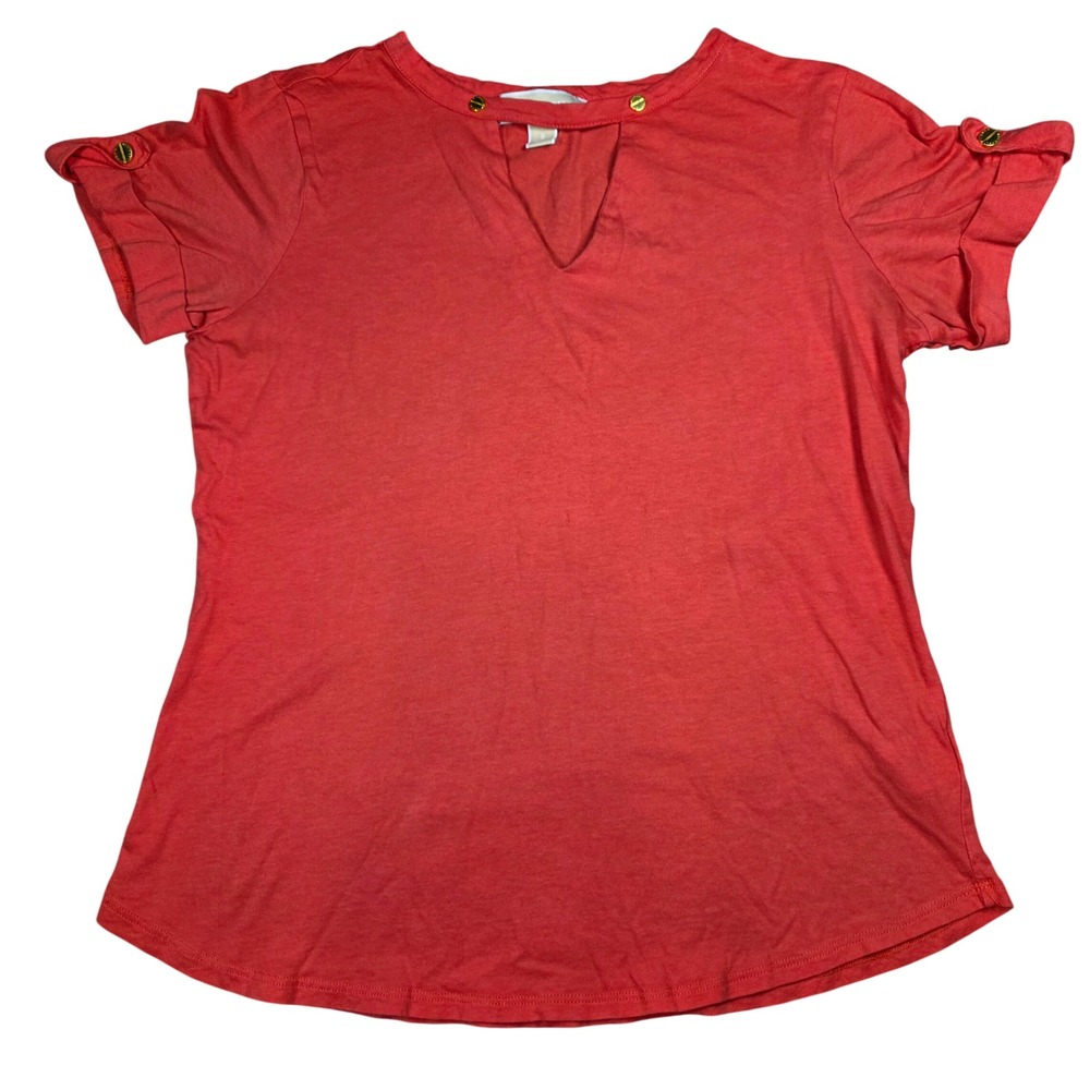 Michael Michael Kors Coral Orange Cutout V-Neck Top Gold Logo Buttons Size S